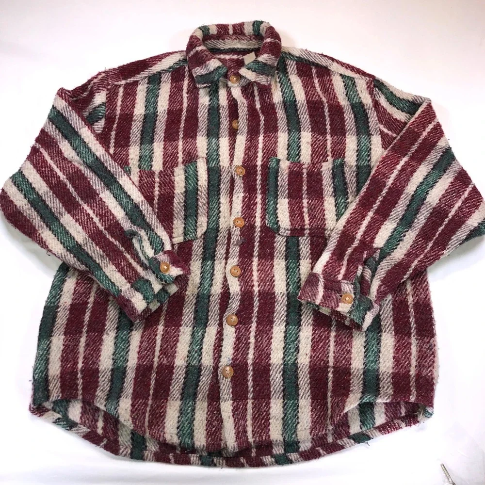 Vintage 100% Wool Striped Shirt Jacket Burgundy Green Woven Ecuador Mens XL